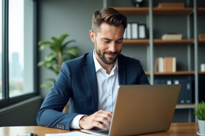 Homme en blazer bleu n&eacute;gociant son salaire dans un bureau moderne