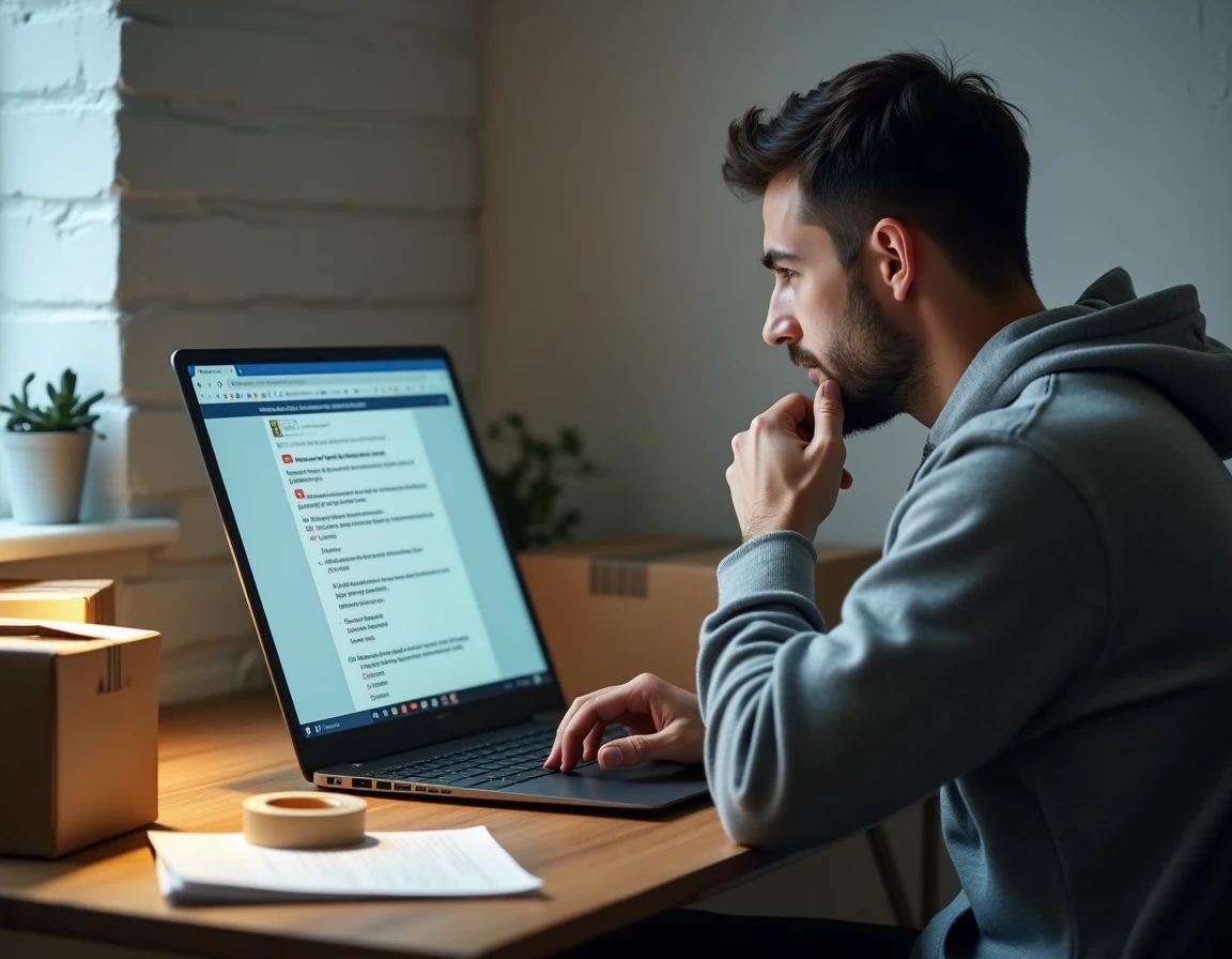 Homme au bureau à domicile analysant une offre d'emploi emballage suspecte sur son ordinateur portable