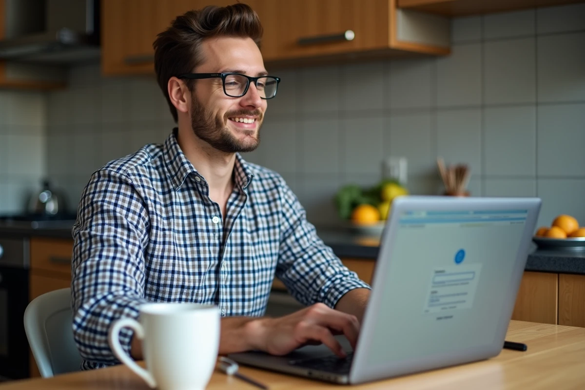 Homme en tenue d&eacute;contract&eacute;e utilisant son laptop dans la cuisine
