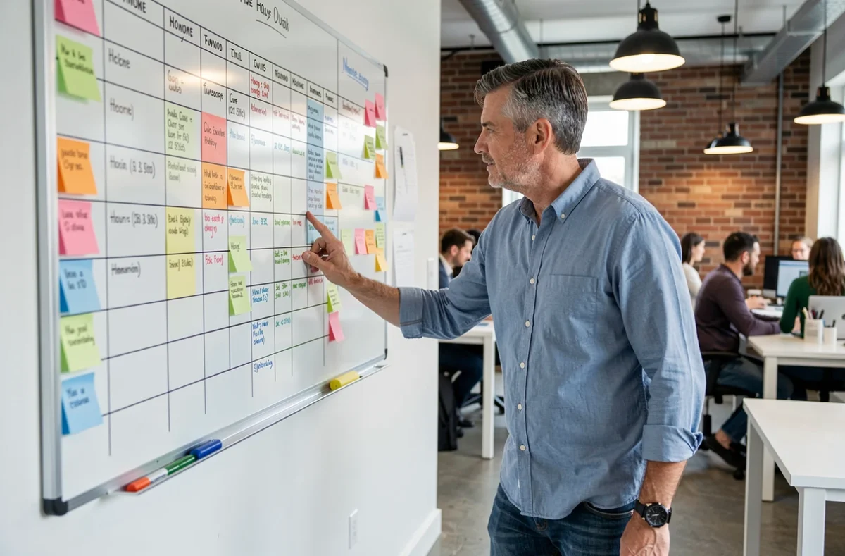 Homme consultant un planning horaire coloré dans un espace de coworking pour gérer plusieurs emplois simultanés