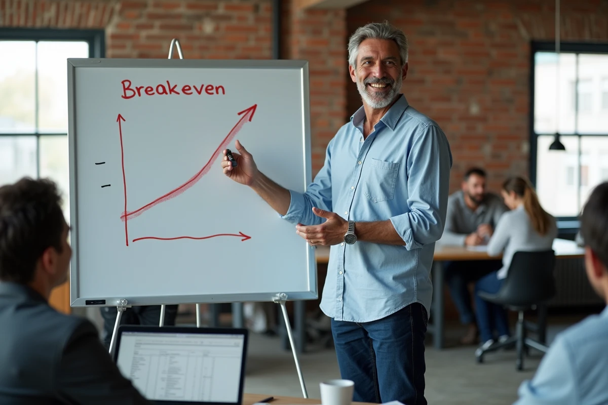 Homme en chemise décontractée présentant un graphique de breakeven dans un espace collaboratif
