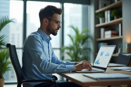 Jeune homme professionnel travaillant sur un ordinateur avec graphiques