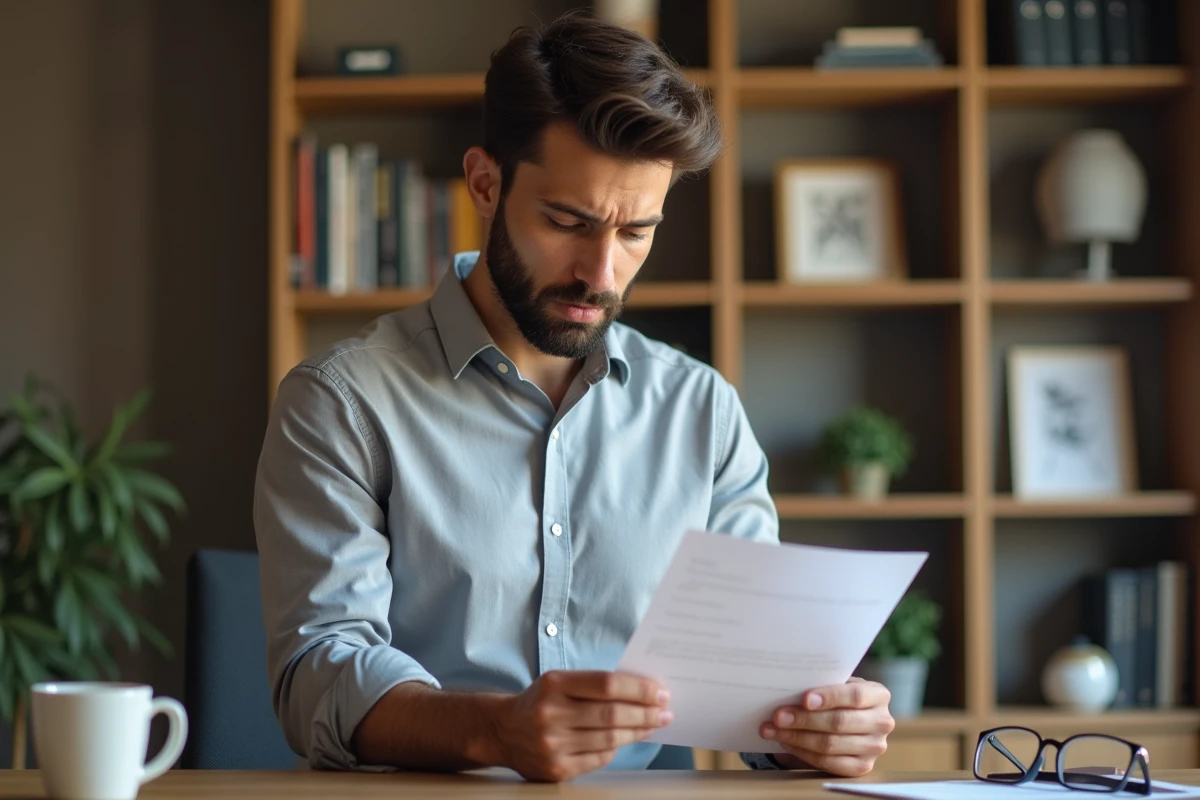 Homme lisant attentivement une lettre de démission imprimée dans un bureau à domicile