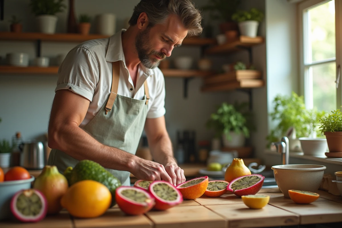 Homme coupe un fruit dans une cuisine lumineuse