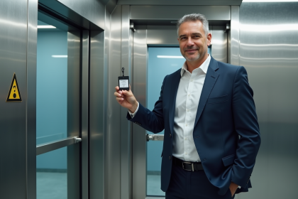 Homme en costume navy devant une porte moderne de securite