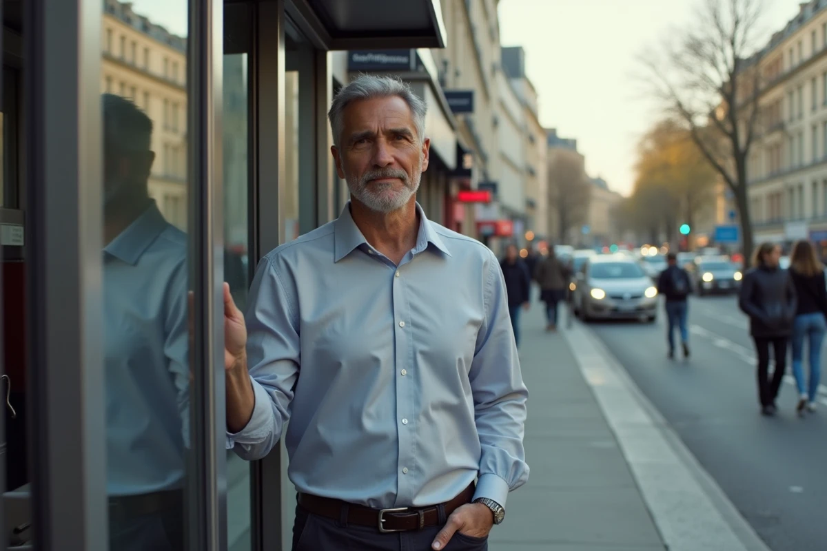 Homme attendant au t&eacute;l&eacute;phone public dans une rue parisienne