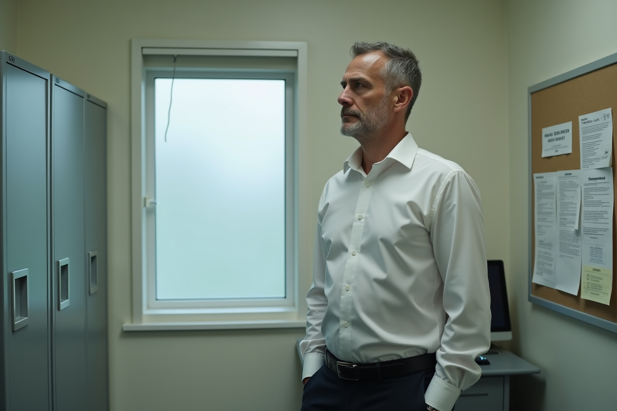 Homme d âge moyen dans un petit bureau avec fenêtre givrée