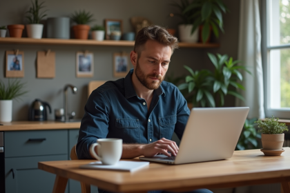 Homme concentré travaillant sur son ordinateur dans une cuisine chaleureuse