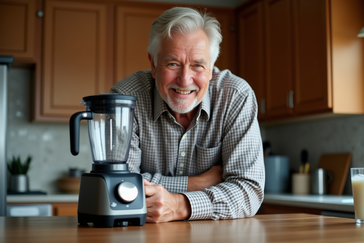 Homme de cinquantaine examinant un blender dans sa cuisine