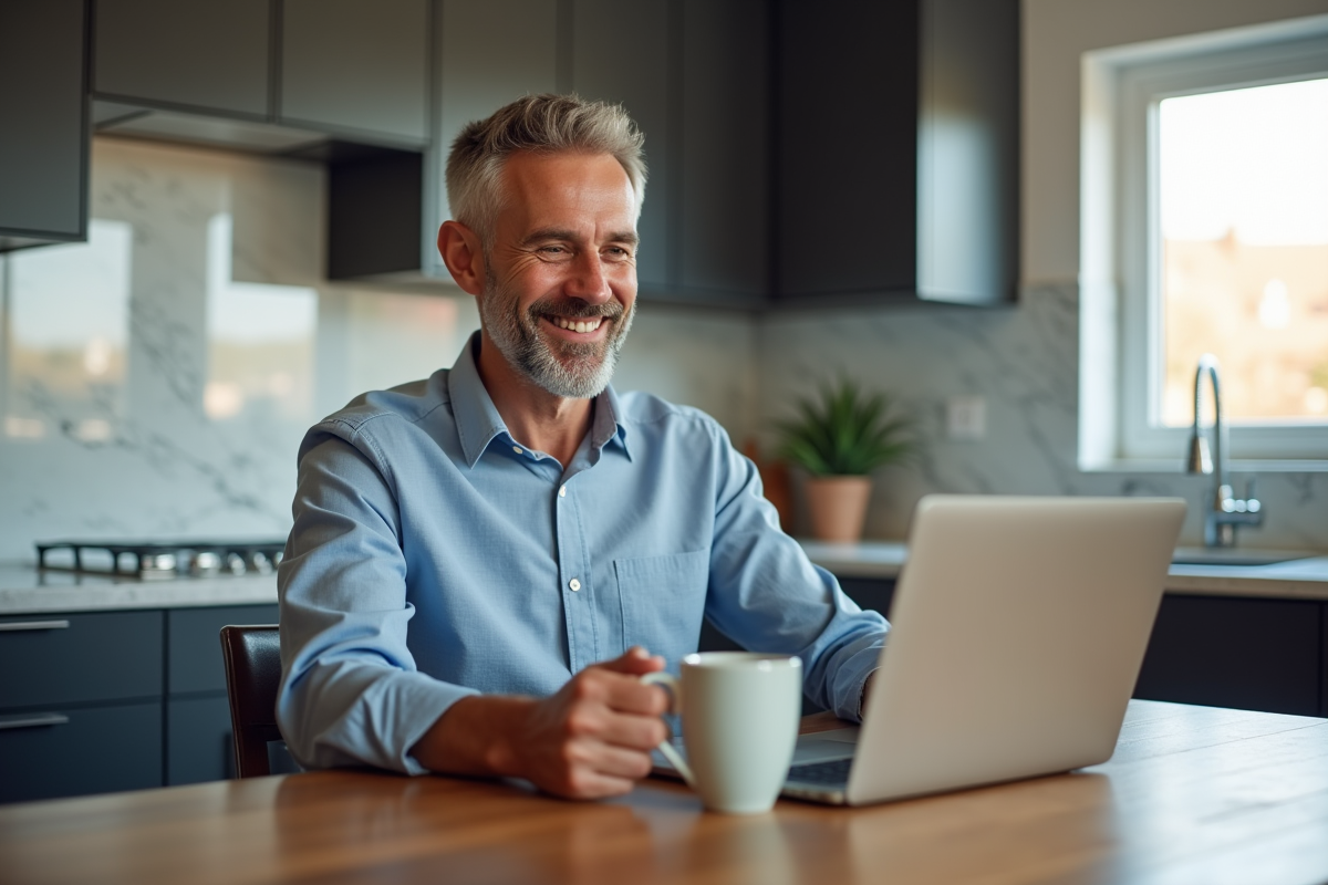 Homme en visioconference dans une cuisine moderne et lumineuse