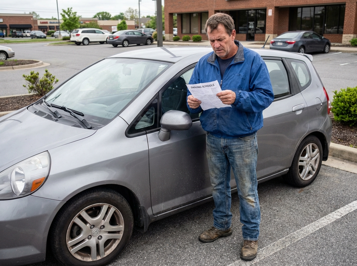 Homme r&eacute;fl&eacute;chissant &agrave; une liste de centres de formation conduite