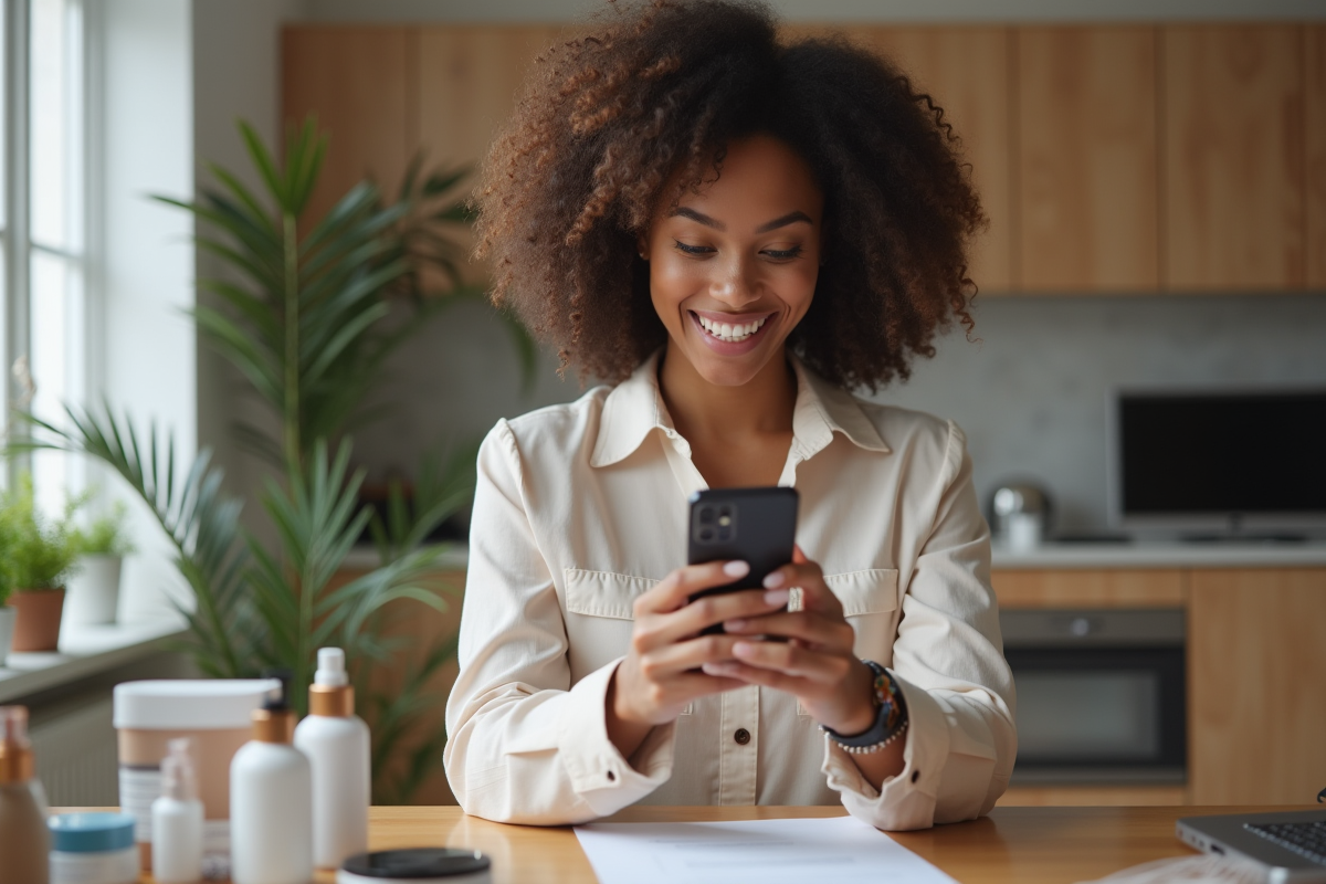 Influenceuse confiante enregistrant une video avec produits de marque