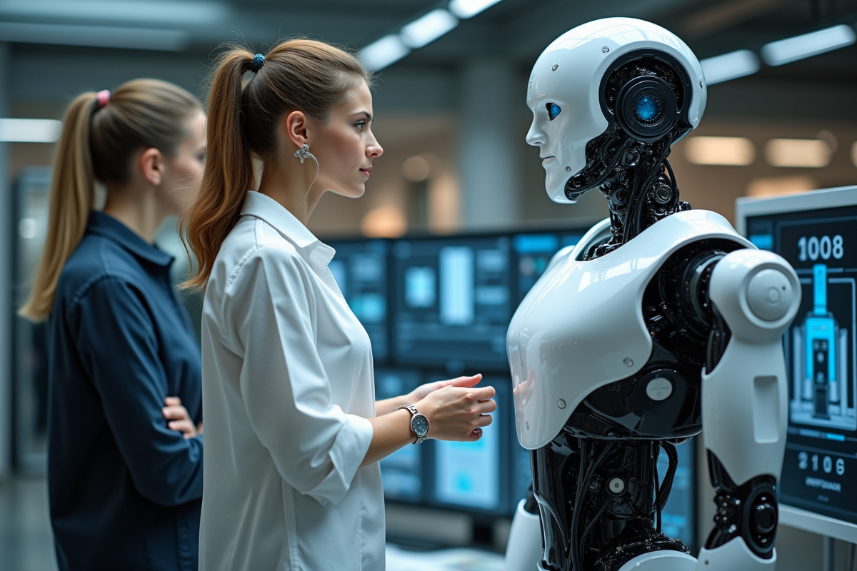 Ingénieure présentant un robot avancé dans un atelier technologique