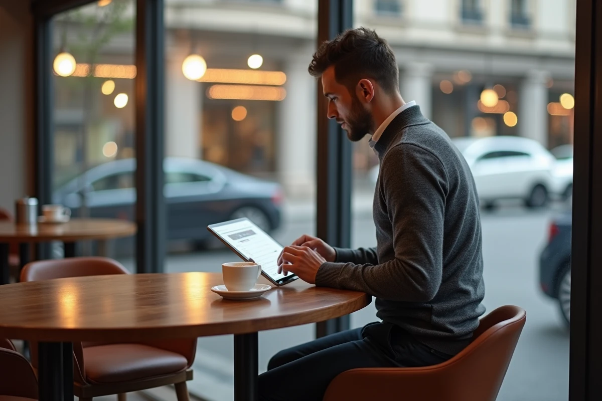 Entrepreneur masculin complétant son inscription à un salon B2B professionnel via une tablette dans un café d'affaires