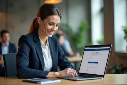 Femme professionnelle inscrivant son entreprise à un salon B2B en ligne depuis un espace de coworking moderne