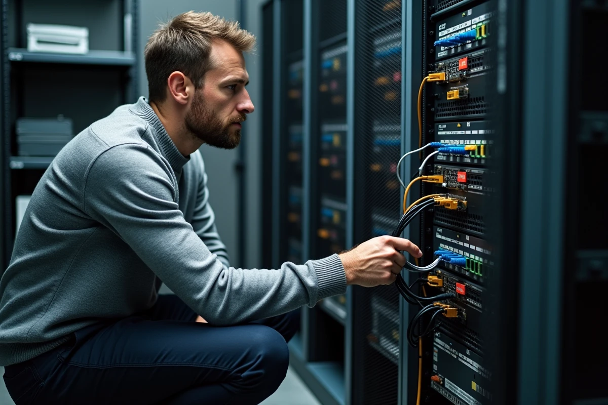 Technicien réseau présentant une installation bi connexion internet avec deux modems dans une baie réseau PME