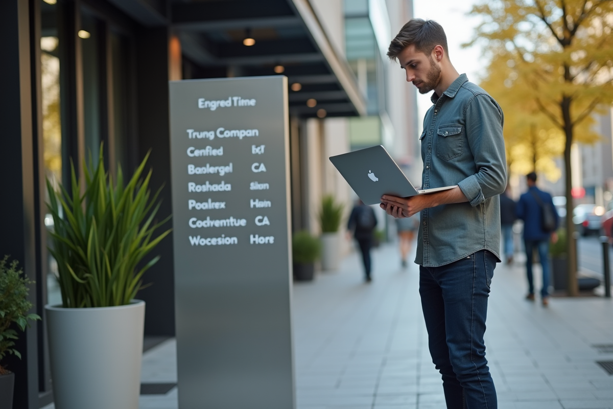 Jeune entrepreneur regardant un annuaire d entreprises