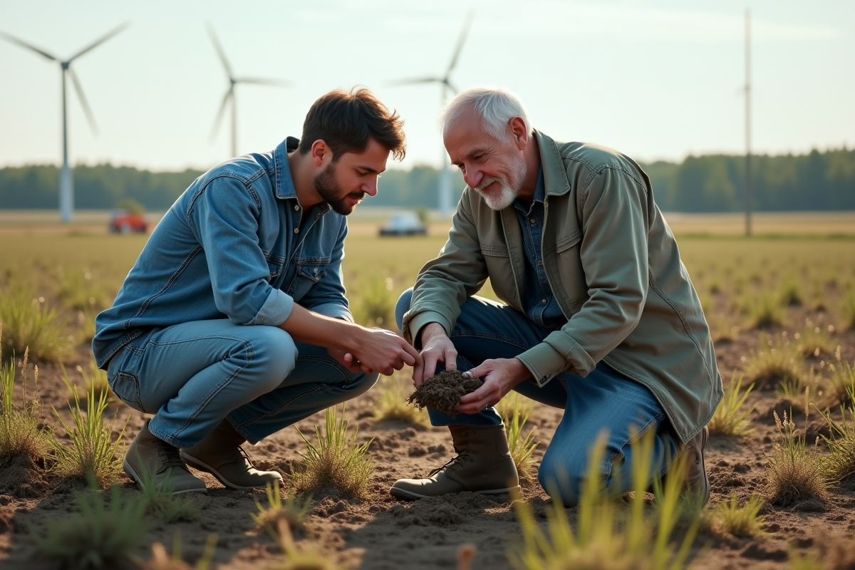 Jeune homme et homme âgé analysant des échantillons de sol