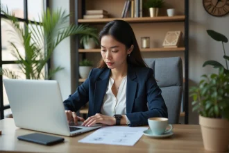 Jeune femme professionnelle travaillant sur son ordinateur dans un bureau moderne