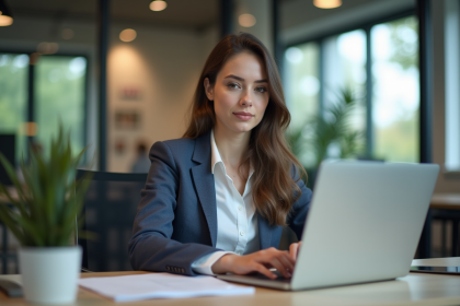 Jeune femme professionnelle travaillant sur son ordinateur dans un bureau moderne