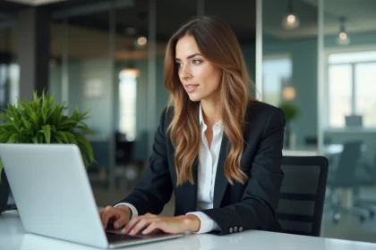 Jeune femme professionnelle travaillant sur un ordinateur dans un bureau moderne