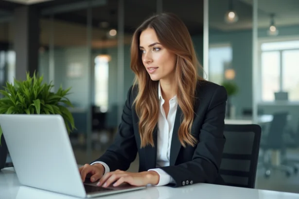 Jeune femme professionnelle travaillant sur un ordinateur dans un bureau moderne