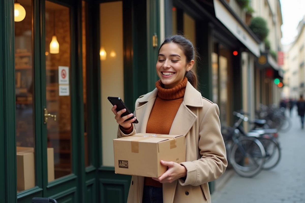 Jeune femme r&eacute;cup&eacute;rant un colis UPS devant un bureau de tabac point relais en ville