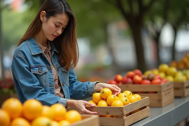 Jeune femme examine des fruits exotiques au marché