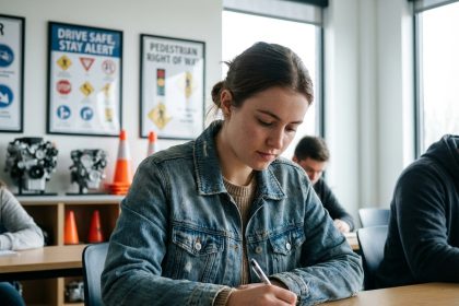 Jeune femme en formation conduite dans une salle moderne