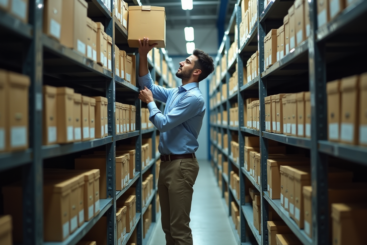 Jeune homme plaçant un carton dans une salle d