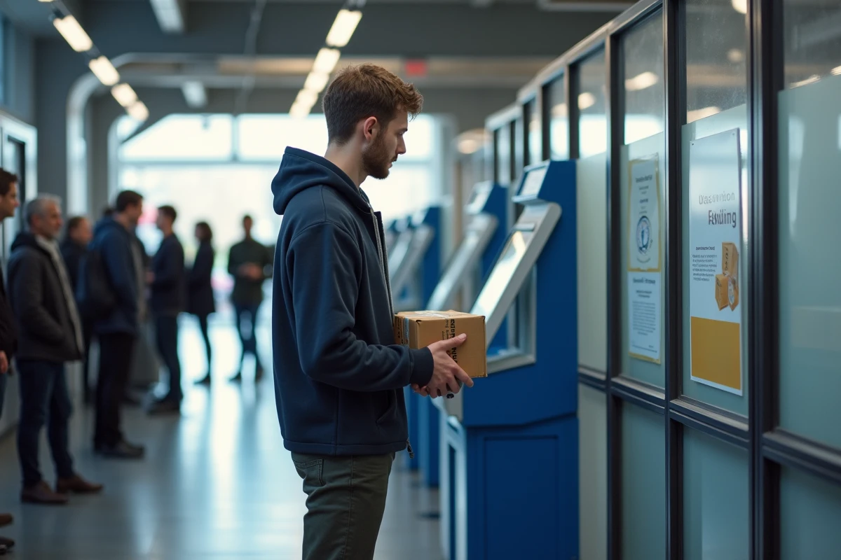 Jeune homme utilisant un kiosque dans un point Mondial Relay