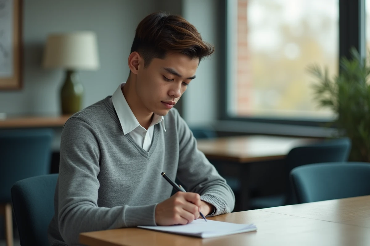 Jeune homme &eacute;crivant une note de condol&eacute;ances dans un espace calme