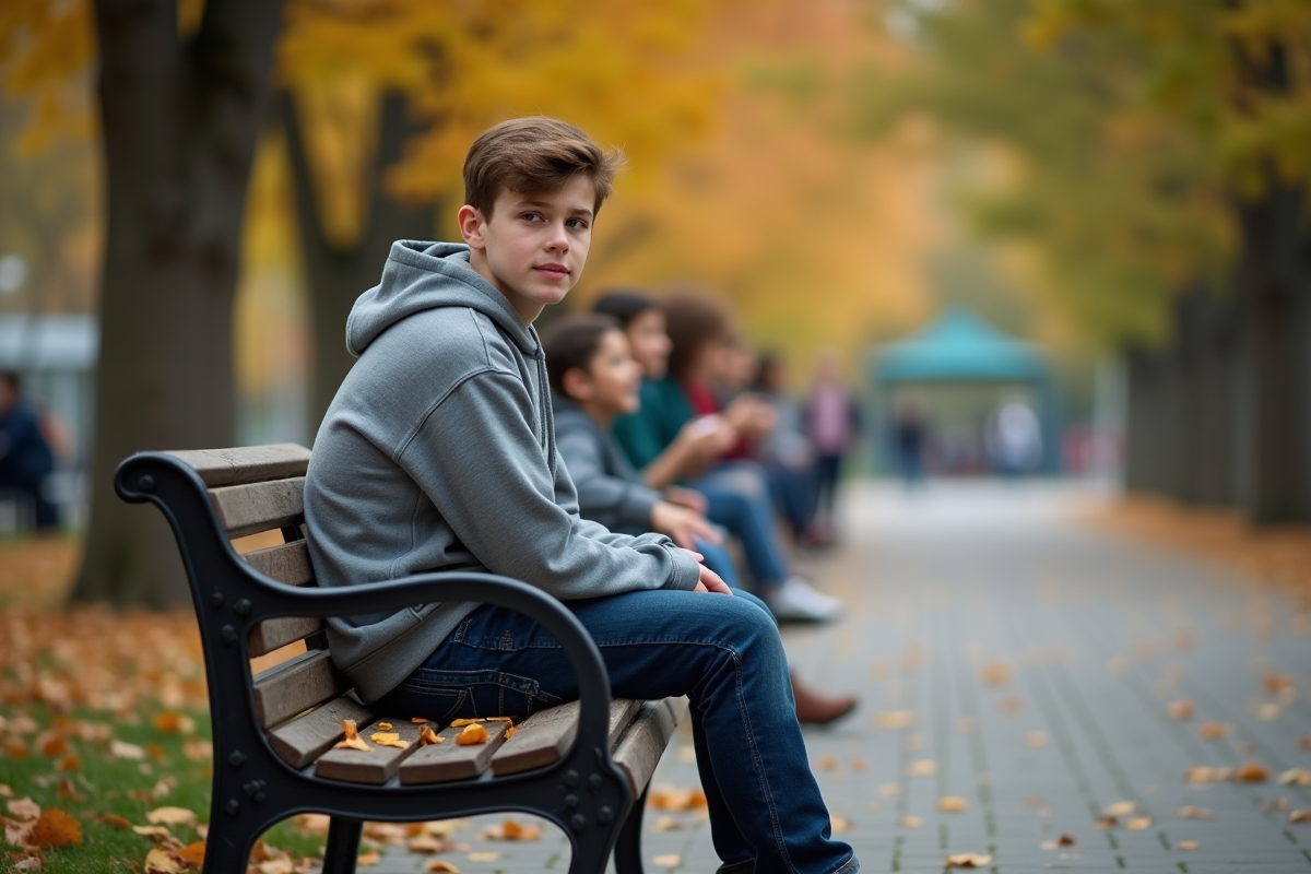 Jeune homme seul sur un banc dans un parc en automne