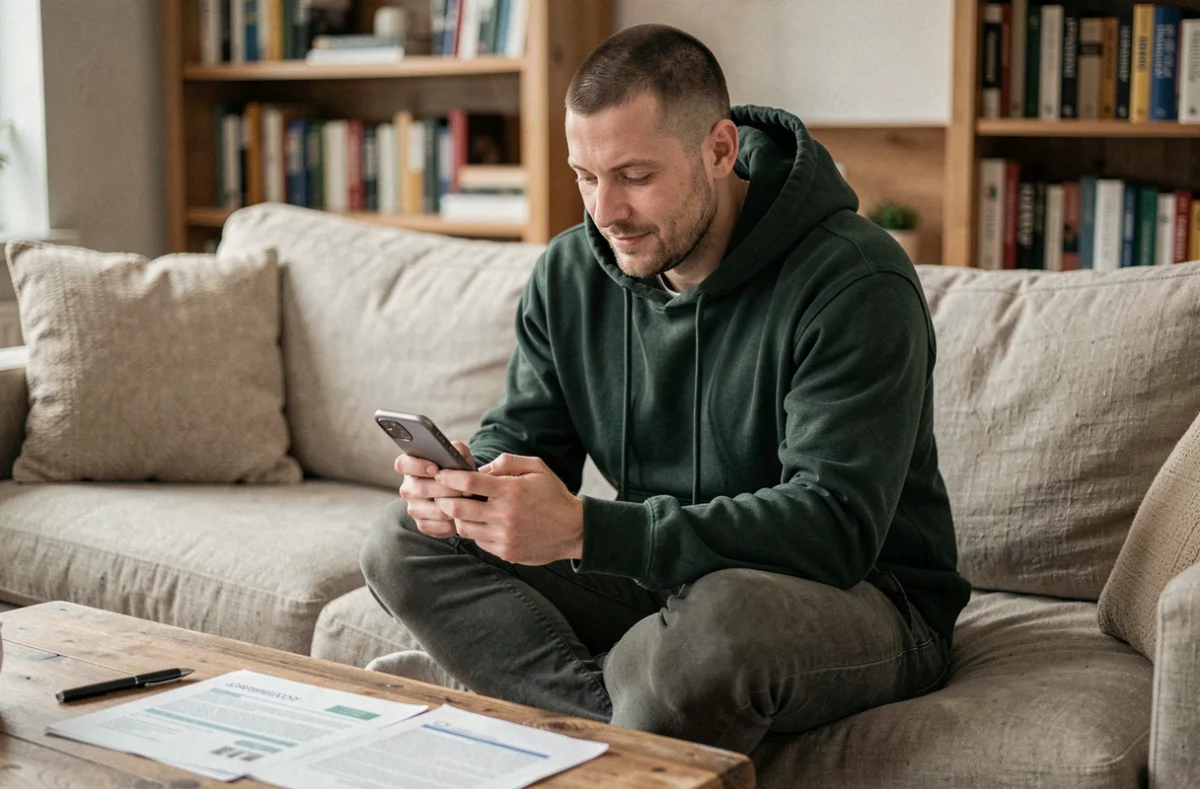 Jeune homme recherchant des offres d'emploi sur une application mobile de recrutement depuis son salon, avec un CV imprimé posé sur la table