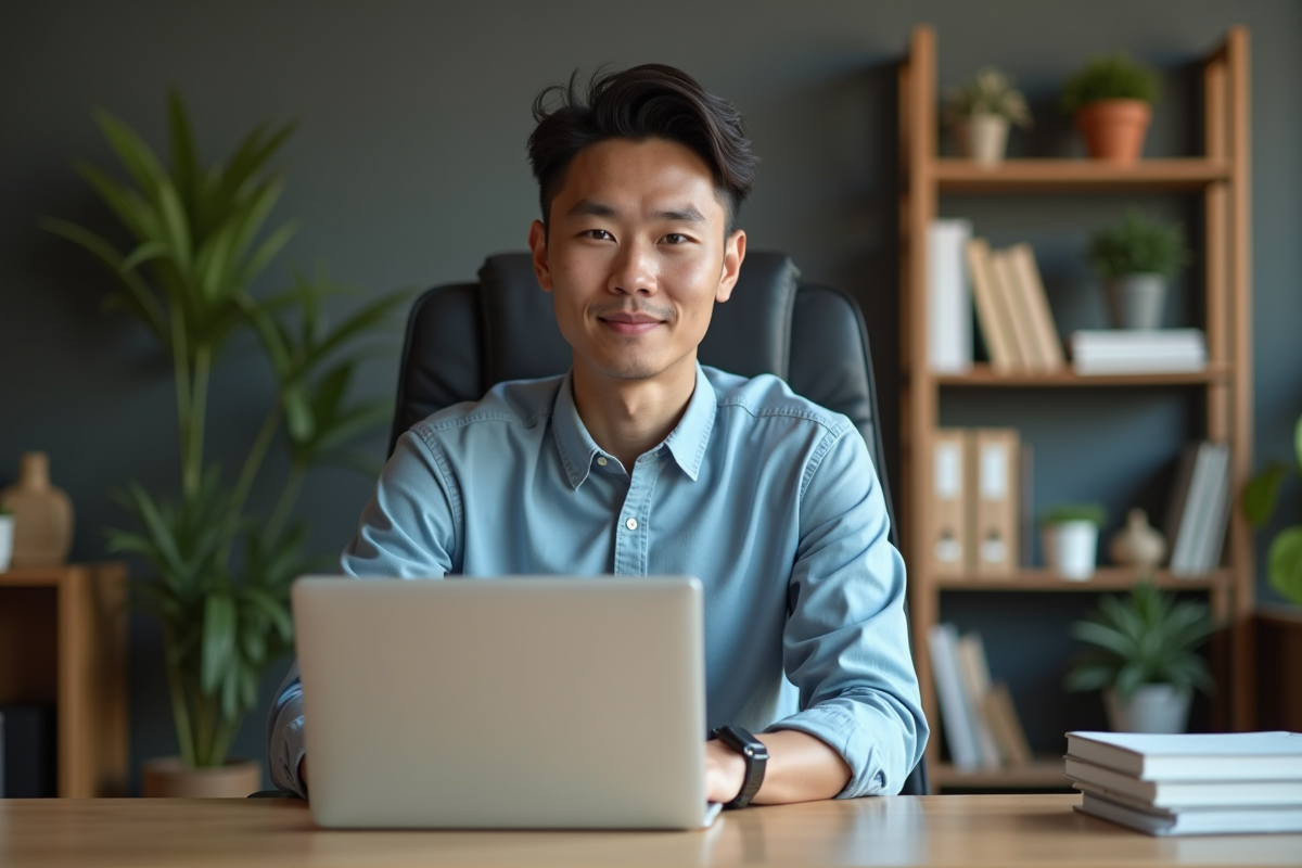 Jeune homme ajustant la sécurité sur son ordinateur portable