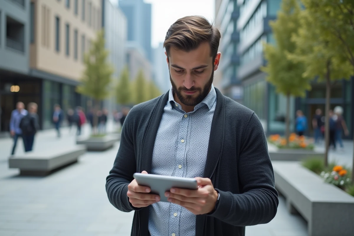 Jeune homme en ville vérifiant son tablet