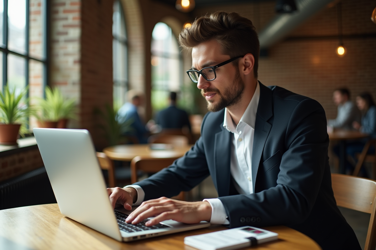 Jeune homme vérifie ses identifiants sur un ordinateur portable dans un café