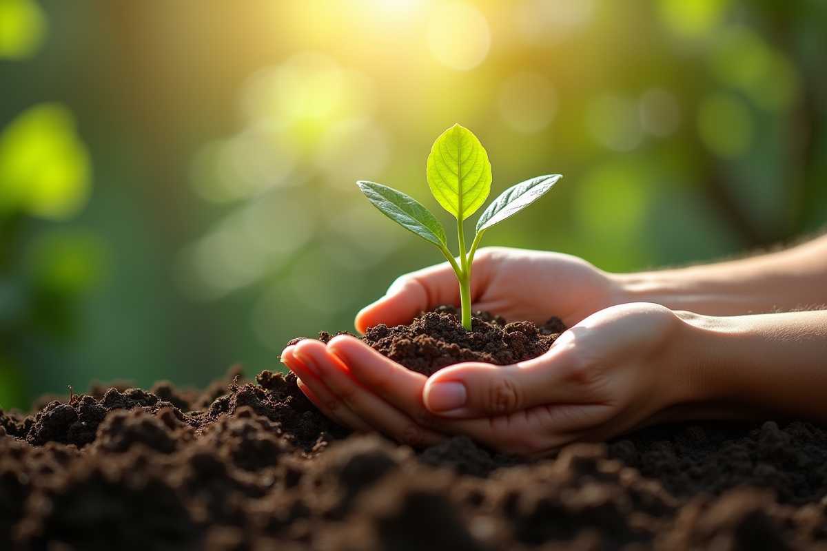 Mains tenant une jeune plante en croissance dans la terre