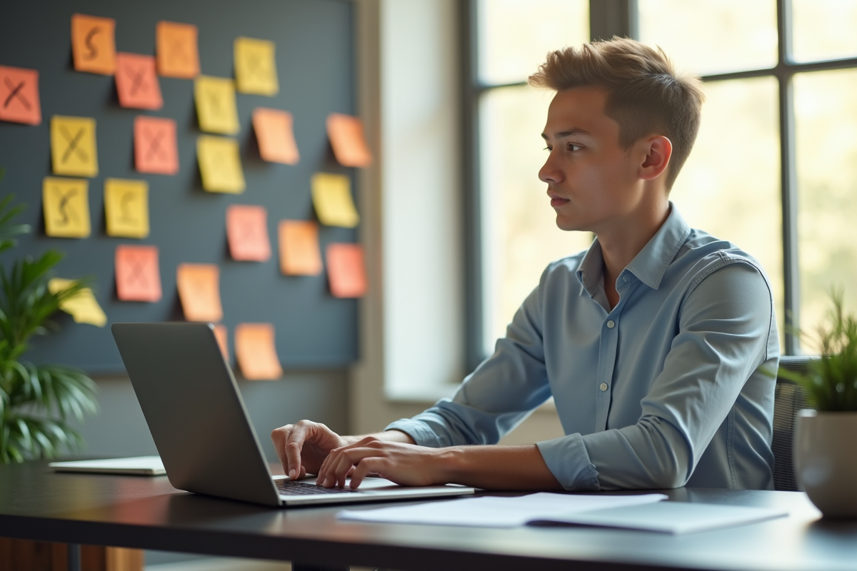 Jeune professionnel brainstorming solutions avec ordinateur