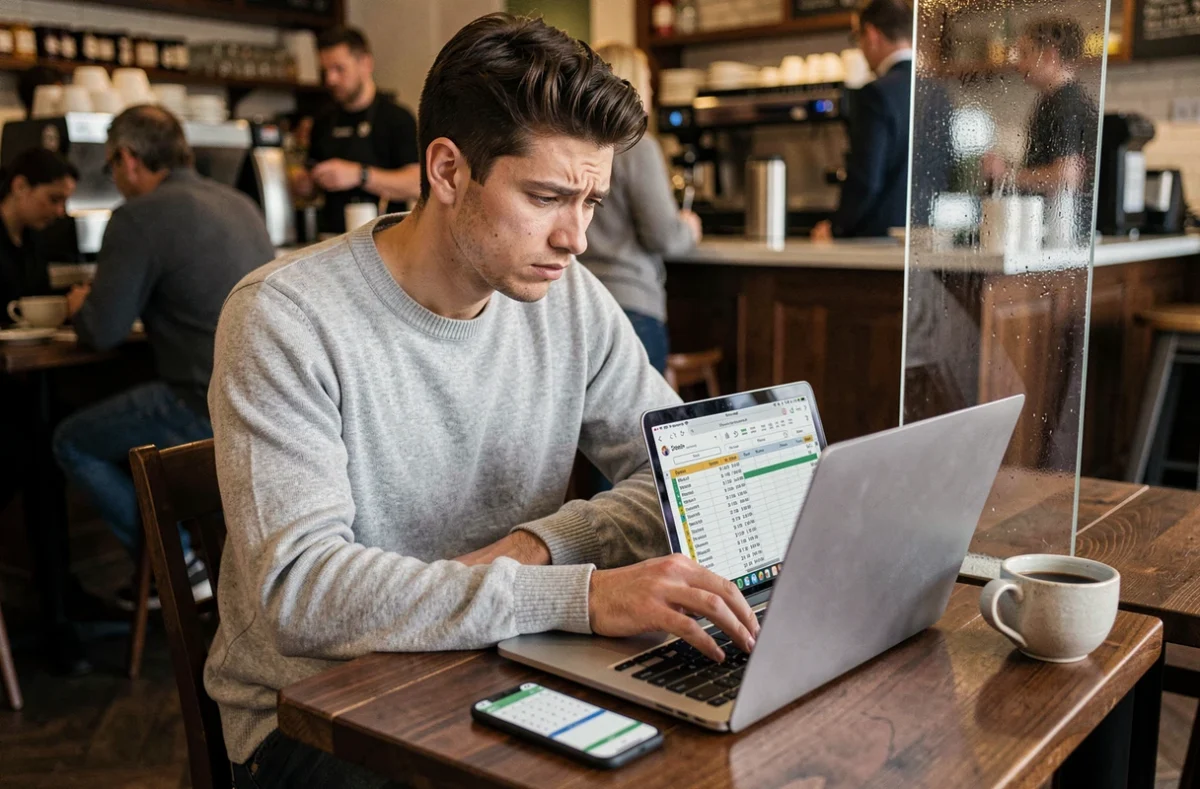 Jeune professionnel suivant ses heures de travail sur tableur dans un café pour gérer le cumul de plusieurs emplois