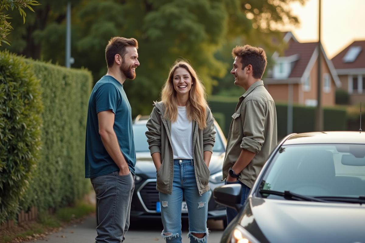 Groupe d amis discutant près d une voiture en extérieur