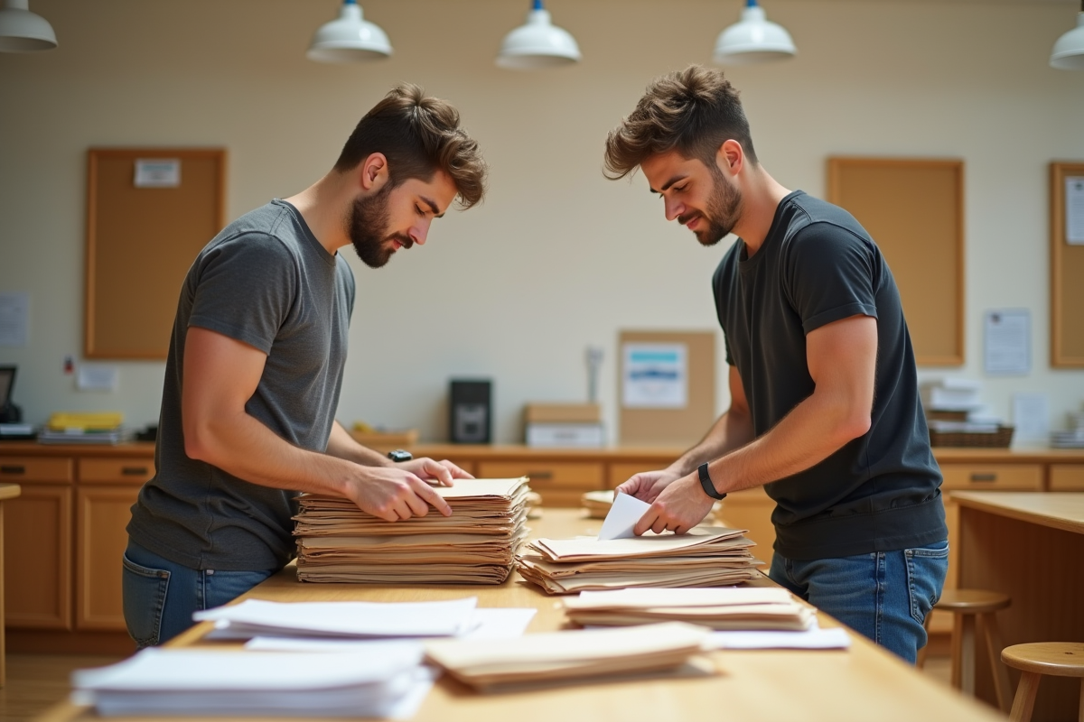 Deux jeunes hommes collaborant sur l emballage d enveloppes