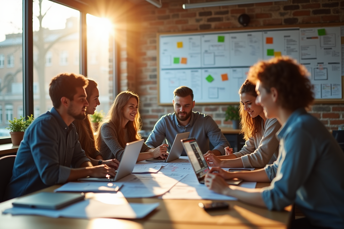 Groupe de jeunes entrepreneurs au coworking avec laptops