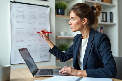 Femme professionnelle marquant les jours fériés 2026 sur un calendrier mural dans un bureau moderne