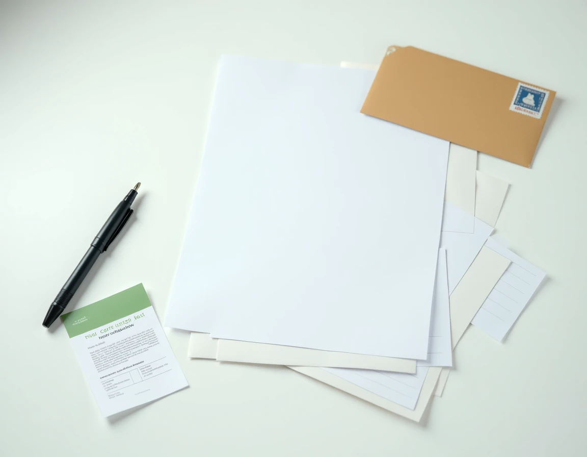 Vue à plat d'une lettre recommandée avec son accusé de réception et une enveloppe timbrée sur fond blanc