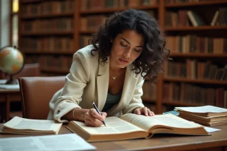 Linguiste analysant l'étymologie et l'origine d'un mot dans des dictionnaires anciens en bibliothèque universitaire