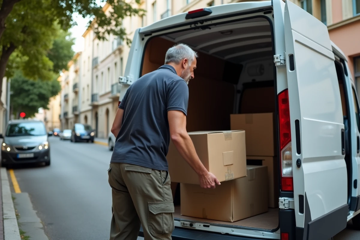 Livreur rechargeant un colis non remis dans son camion de livraison lors d'une tournée au départ du hub Lieusaint