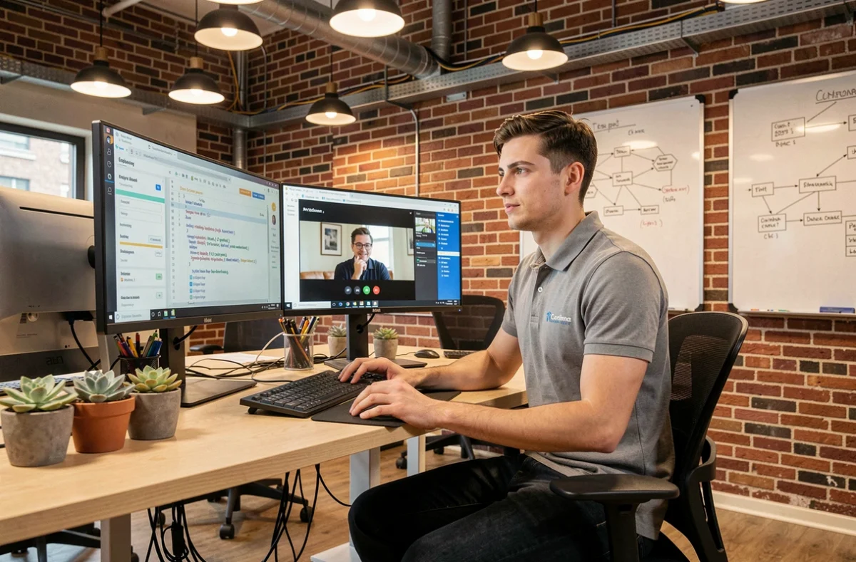 Consultant en recrutement IT et ingénierie dans un bureau coworking moderne avec plusieurs écrans affichant des profils techniques
