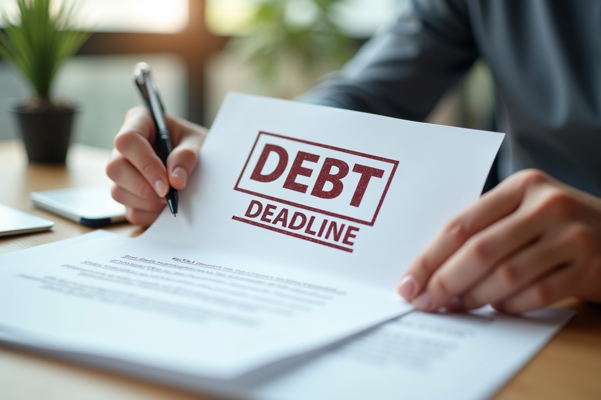 Main tenant une lettre officielle avec tampon dette et deadline