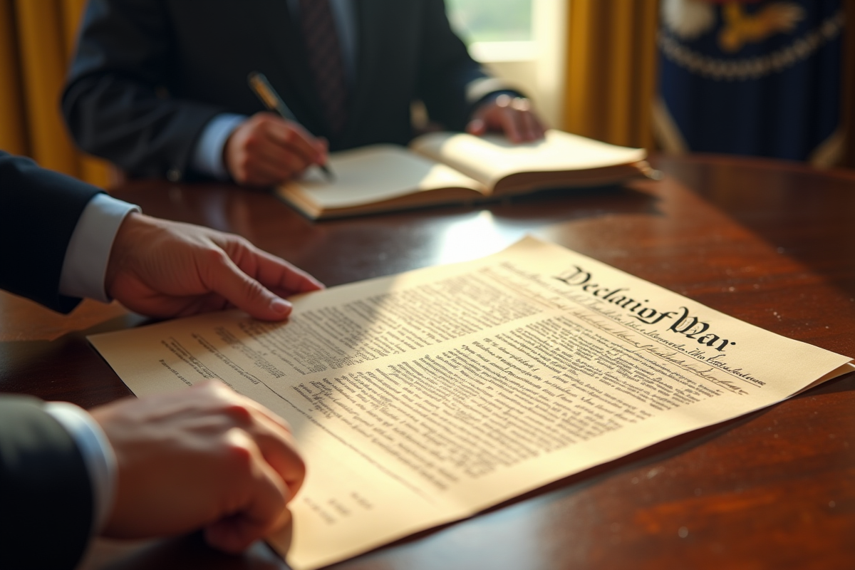 Mains tenant un document declaration de guerre sur un bureau